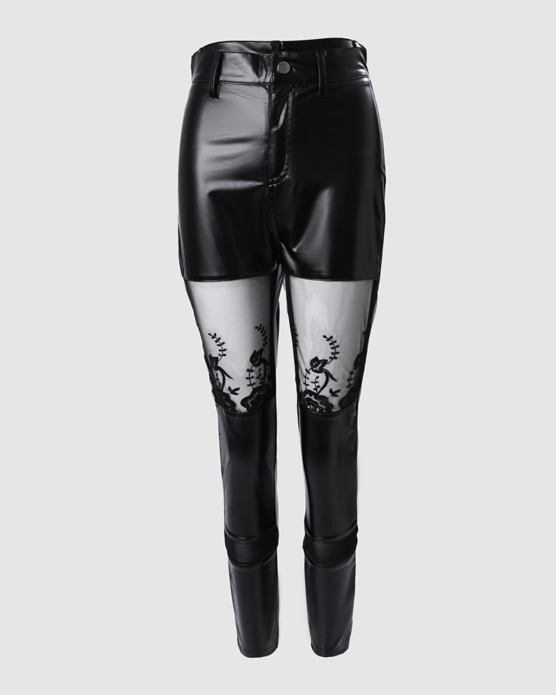 Contrast Lace Trim Faux Leather Slim Trousers