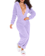 LA FINE FLEUR buttoned ear flap lounge jumpsuit with 3D cozy fluffiness and fuzzy slippers.