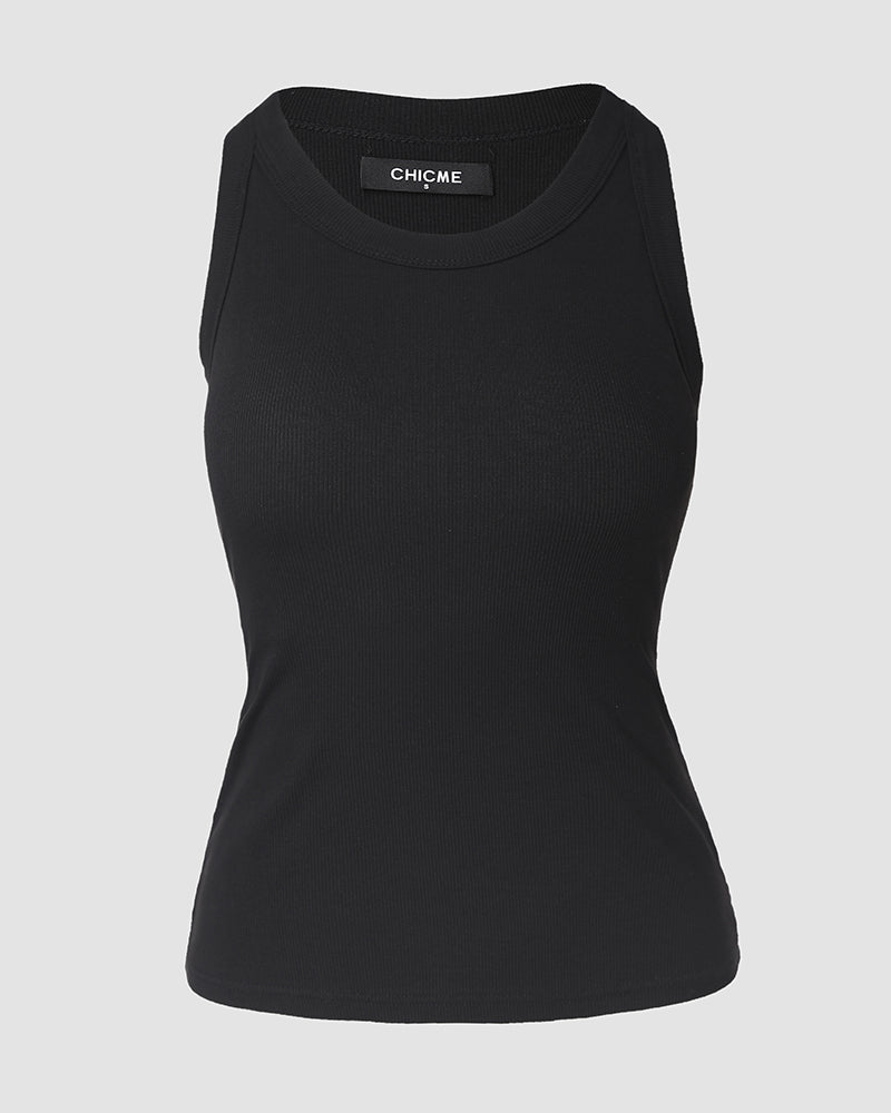 Ribbed Tank Top with Built-In Bra and Round Neck