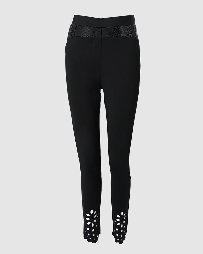 Floral Cut-Out Asymmetrical Skinny Pants with Elastic Waist
