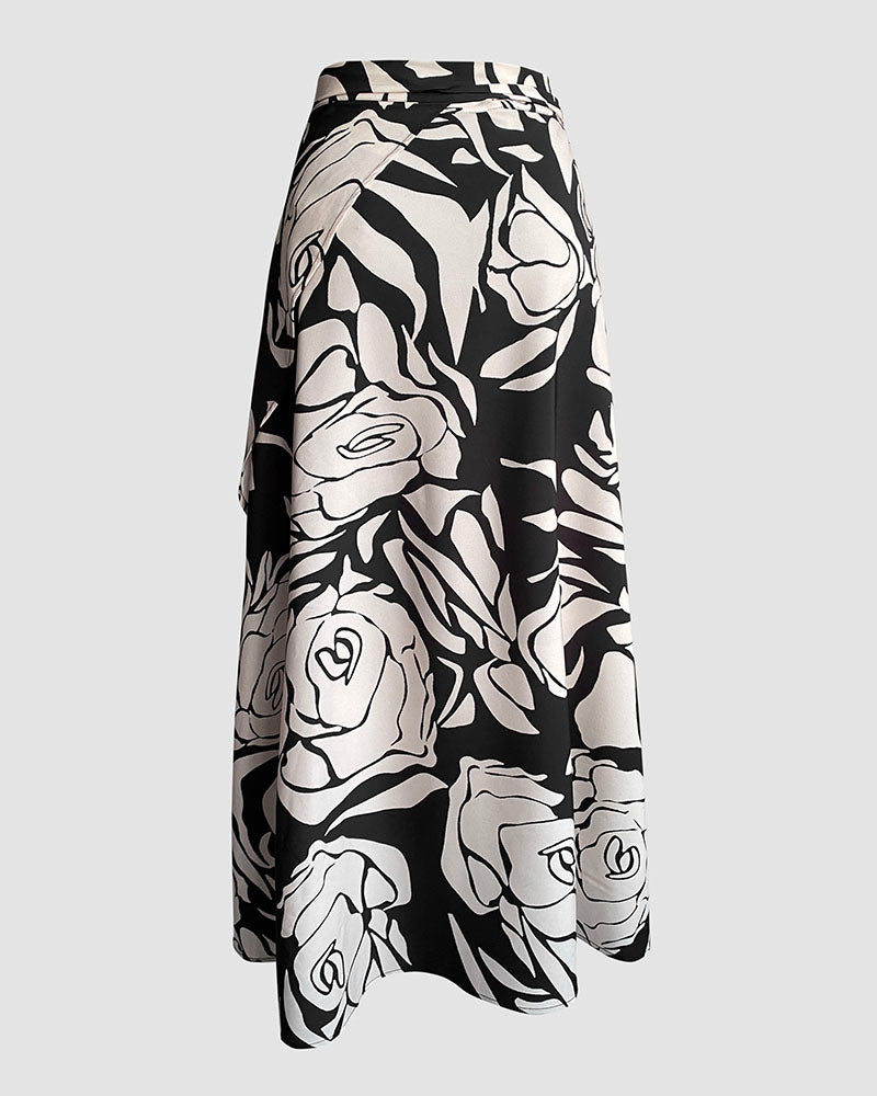 Colorblock Floral Skirt with Lace-Up and Asymmetrical Hem