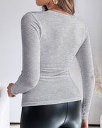 Built-In Bra U-Neck Tee Long Sleeve Stretchy Knit Top