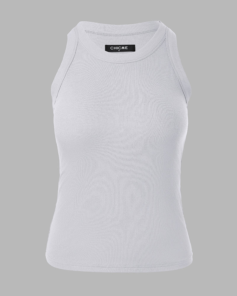 Ribbed Tank Top with Built-In Bra and Round Neck