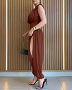 Padded Shoulder Sleeveless Jumpsuit with Cinched Waist and Side Slit
