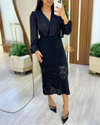 Crochet Elastic Skirt, Mid-Calf Hollow-Out Design, Casual Wear