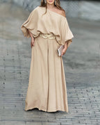 LA FINE FLEUR Skew Neck Lantern Sleeve Blouse paired with matching Wide Leg Pants.