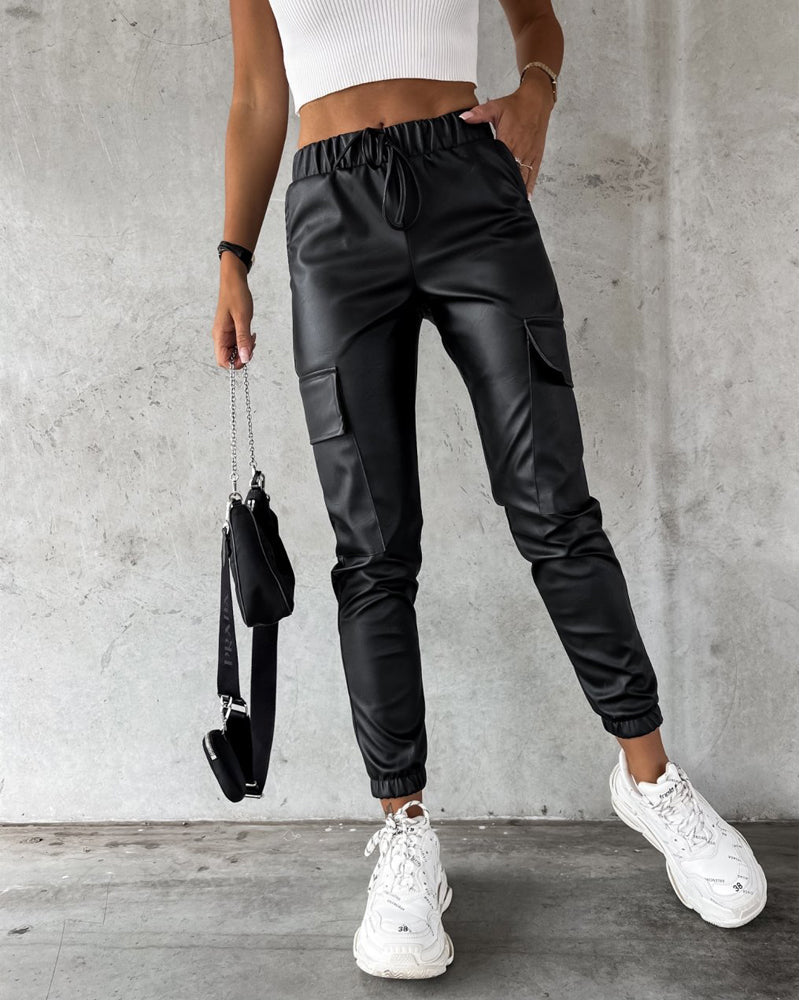 Drawstring Elastic Waist PU Leather Pants with Pocket
