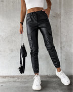 Drawstring Elastic Waist PU Leather Pants with Pocket