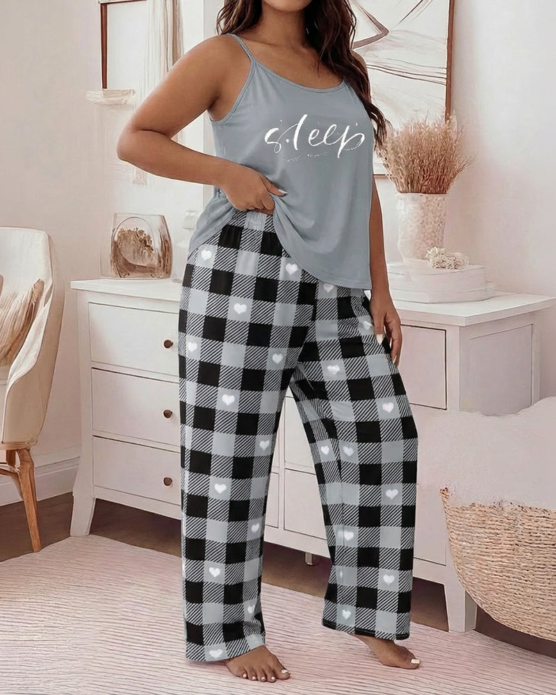 LA FINE FLEUR Eyelash Sleep Cami Top paired with Plaid Heart Pajama Pants.