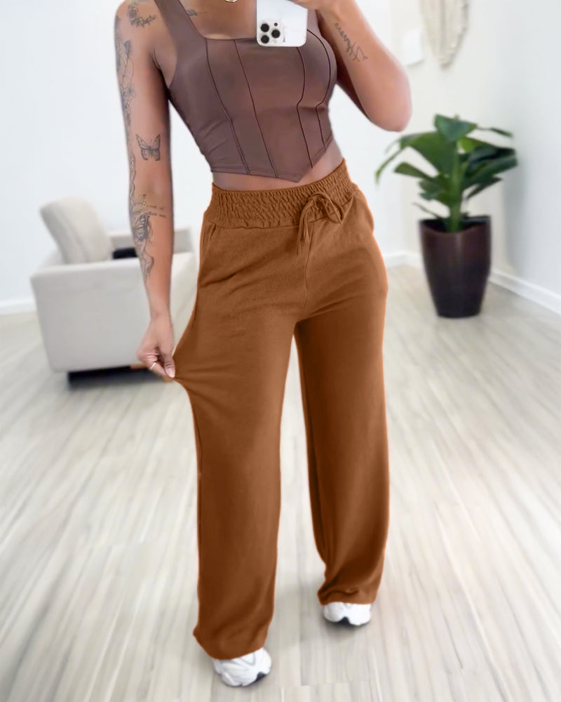 High Waist Casual Pants with Elastic Drawstring