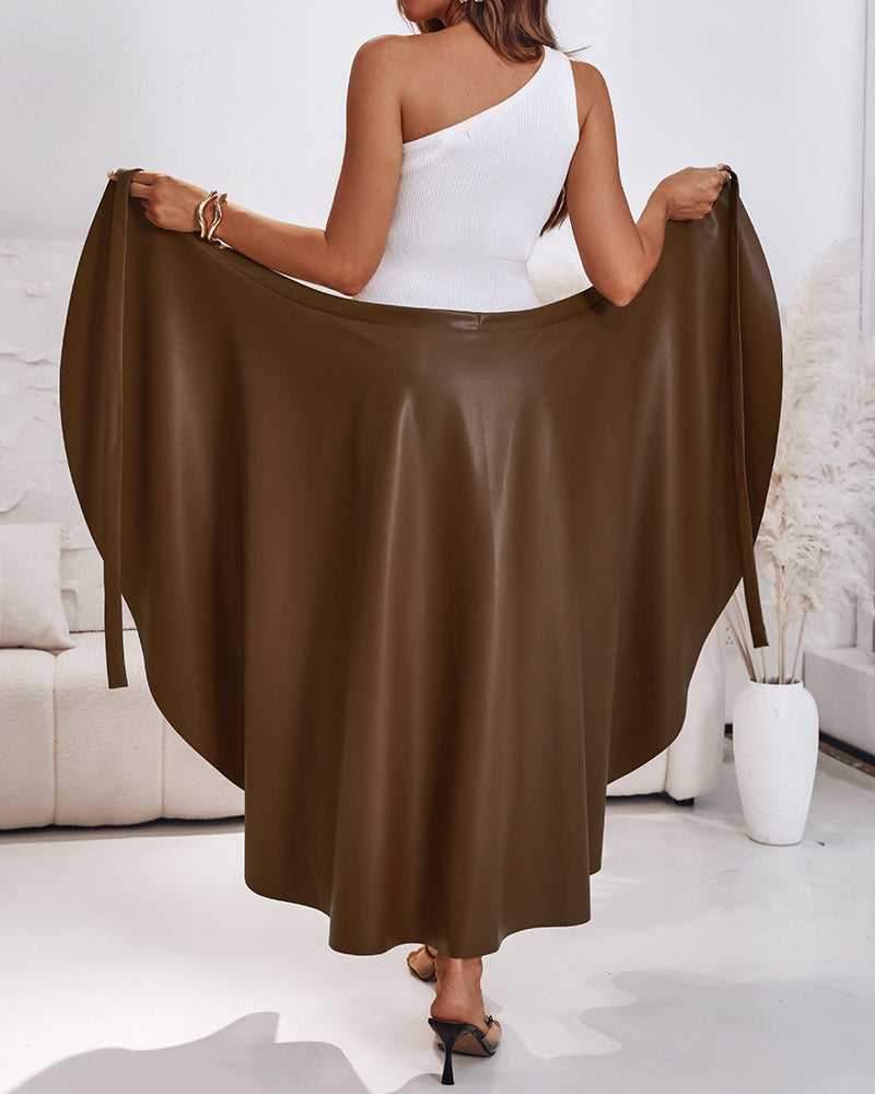 PU Leather Lace-Up Mid-Length Casual Skirt