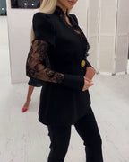 V-Neck Puff Sleeve A-Line Blazer with Eyelash Lace Trim