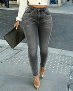 Rhinestone Accented Skinny Jeans with High Waist