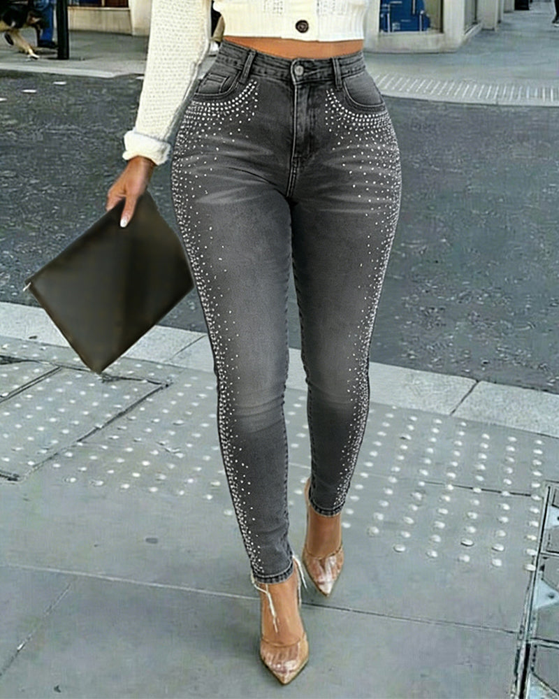 Rhinestone Accented Skinny Jeans with High Waist