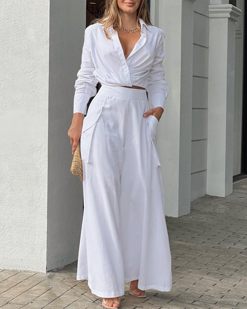 Ruched crop top and wide-leg pants from the LA FINE FLEUR  2-piece outfit set.