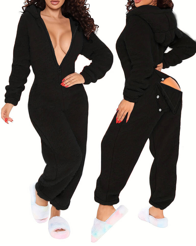 Black plush jumpsuit with 3D ear hood, deep V-neck zipper, and buttoned open back flap.
