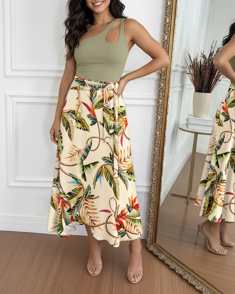 Asymmetrical Lace-Up Wrap Skirt in Tropical Print