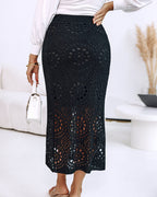 Crochet Elastic Skirt, Mid-Calf Hollow-Out Design, Casual Wear
