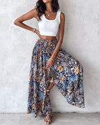 Boho Floral Shirred High-Waist Wide-Leg Pants