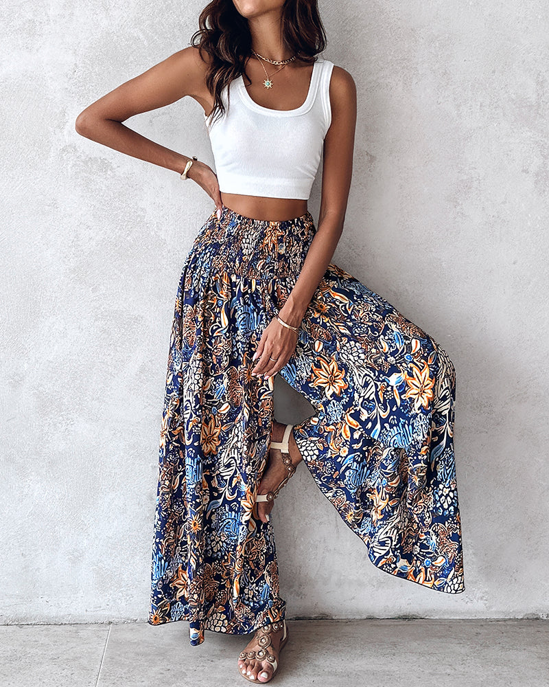 Boho Floral Shirred High-Waist Wide-Leg Pants