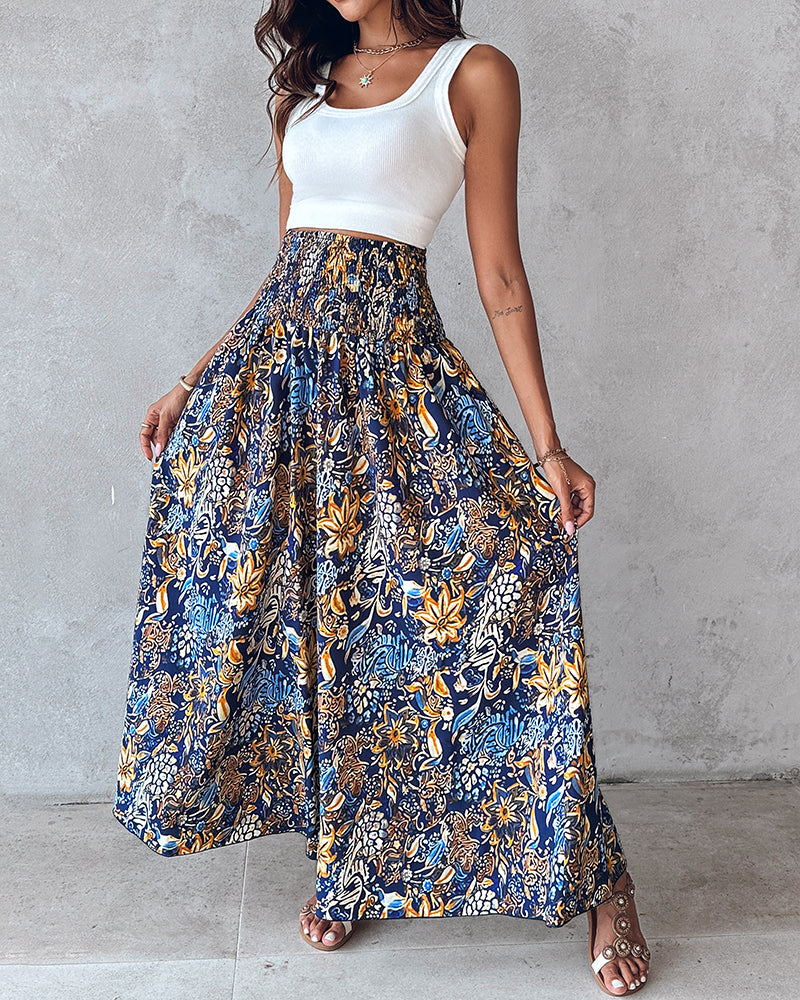 Boho Floral Shirred High-Waist Wide-Leg Pants