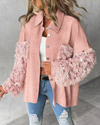LA FINE FLEUR fuzzy shacket with sequin collar, shaggy sleeves, white crop top, ripped jeans.