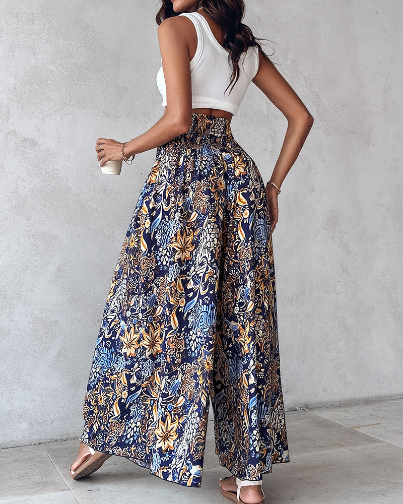 Boho Floral Shirred High-Waist Wide-Leg Pants