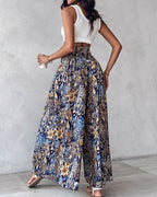 Boho Floral Shirred High-Waist Wide-Leg Pants