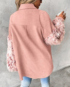LA FINE FLEUR Contrast Sequin Collar Long Sleeve Tassel Fuzzy Shacket with Pocket and light blue jeans.