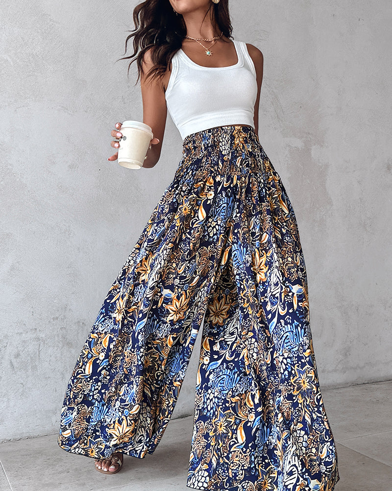 Boho Floral Shirred High-Waist Wide-Leg Pants