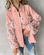 LA FINE FLEUR Contrast Sequin Collar Tassel Fuzzy Shacket with textured, shaggy sleeves.