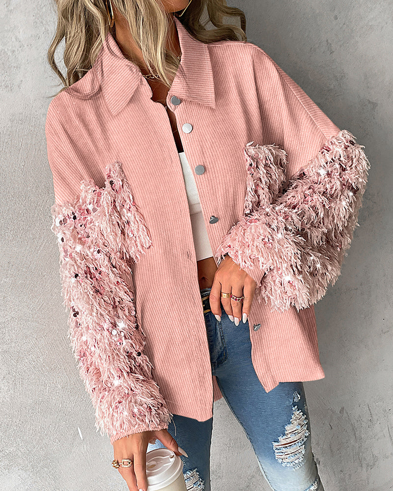 LA FINE FLEUR Contrast Sequin Collar Tassel Fuzzy Shacket with textured, shaggy sleeves.