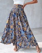 Boho Floral Shirred High-Waist Wide-Leg Pants