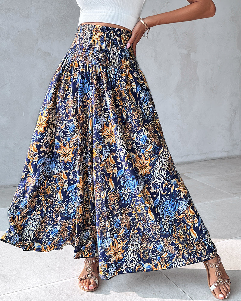 Boho Floral Shirred High-Waist Wide-Leg Pants