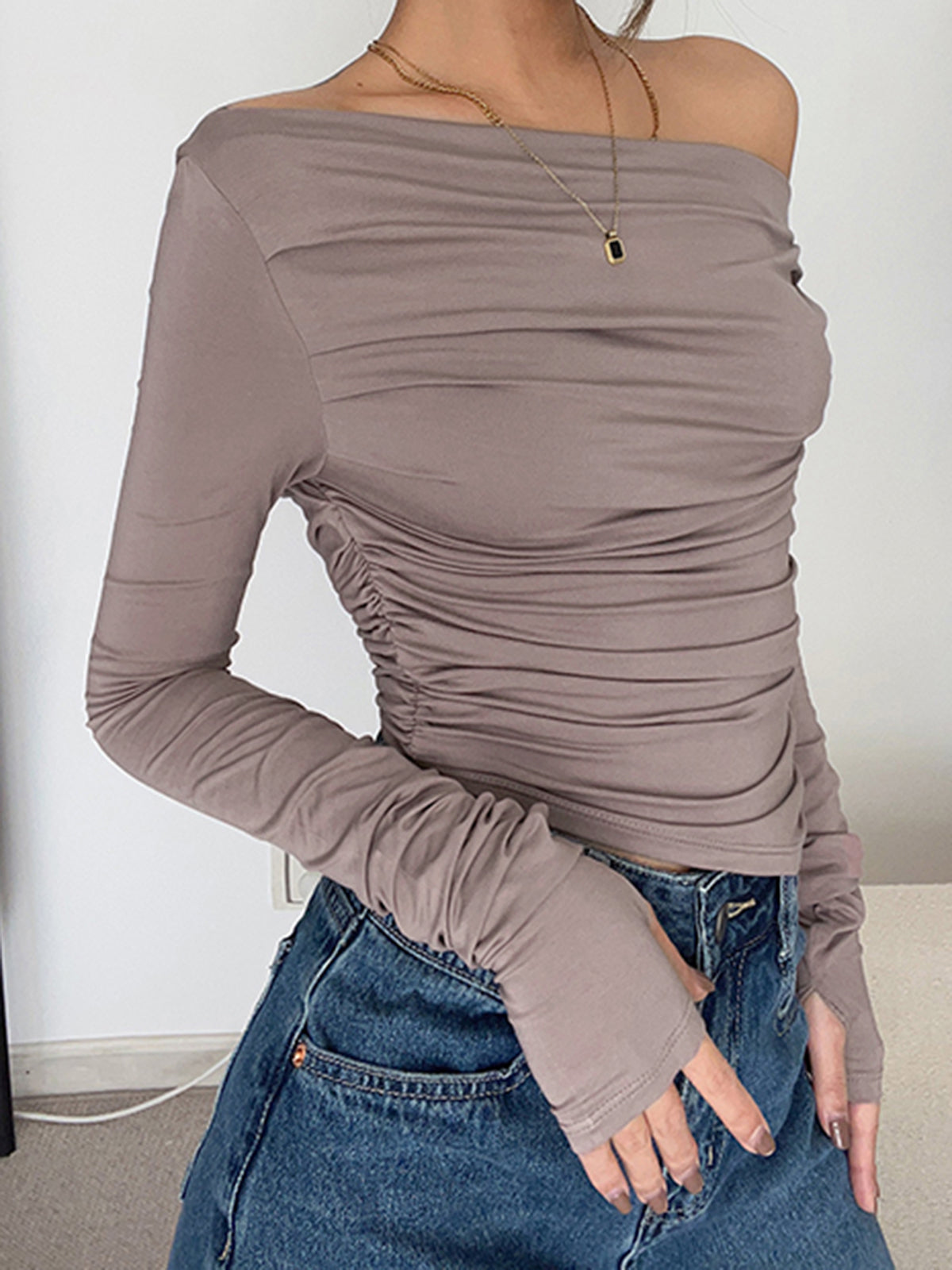 Asymmetrical Long Sleeve Shirt with Off Shoulder Design