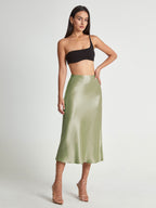 Elegant High-Rise Midi Skirt in Silky Satin Flow