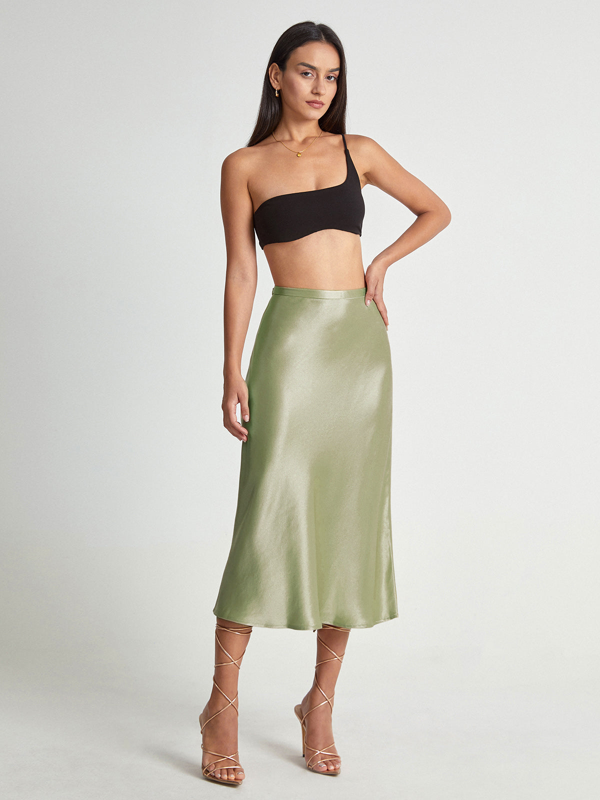 Elegant High-Rise Midi Skirt in Silky Satin Flow
