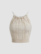 Open Back Cable Knit Halter Crop with Drawstring