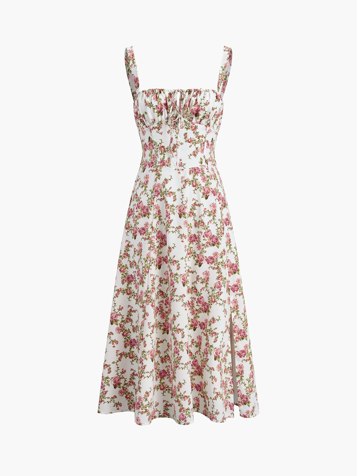 Sleeveless white midi dress with pink floral print, fitted bodice, gathered bust, flared skirt.