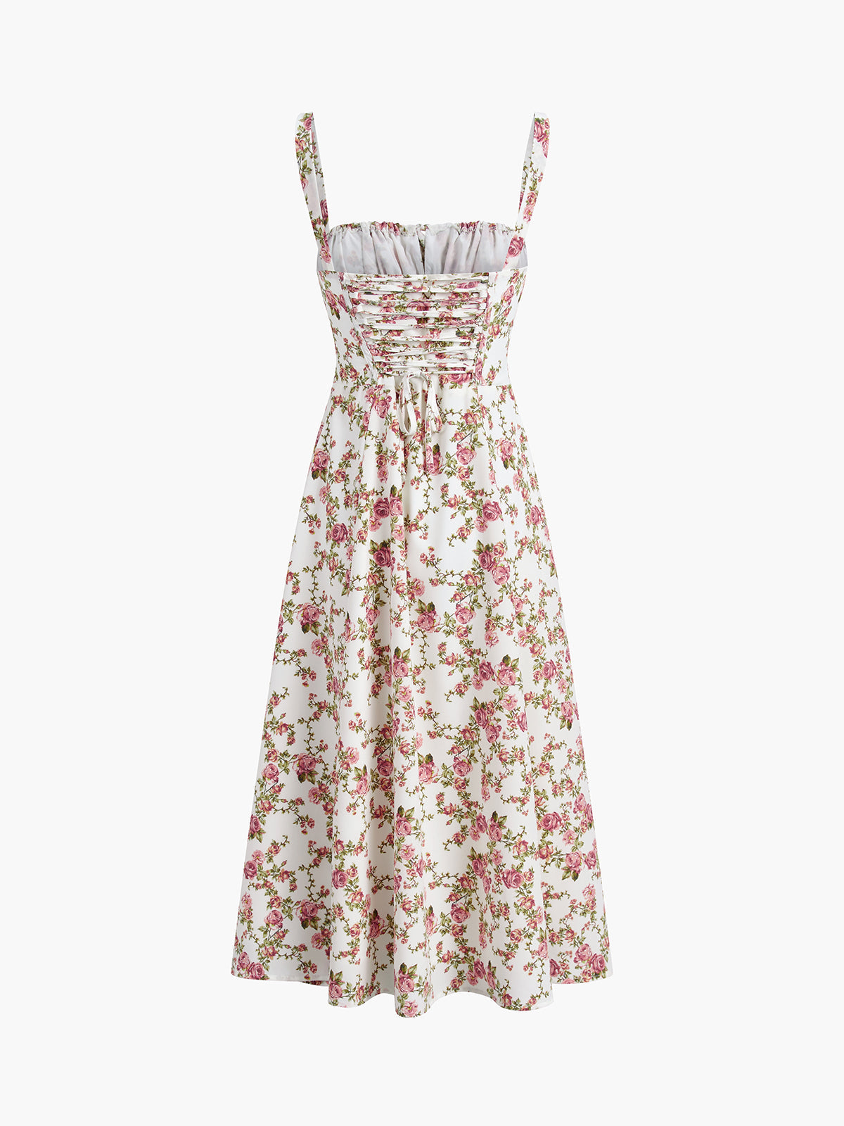 A midi dress with thin straps, ruched bodice, flared skirt, pink and green floral print.