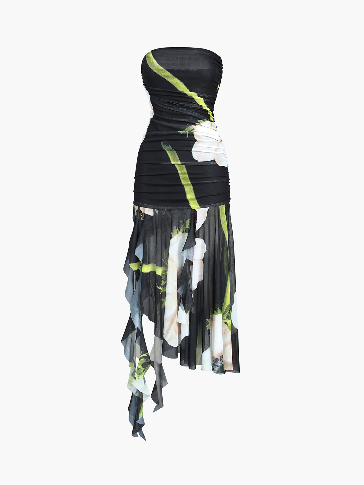 Strapless black midi dress with white floral print, green stems, ruched bodice, asymmetric hem.