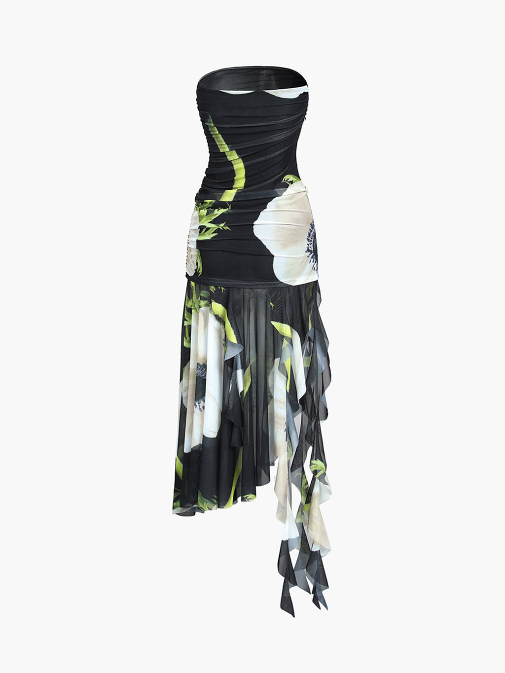 A strapless black midi dress with white floral prints, ruched bodice, and asymmetrical mesh skirt.