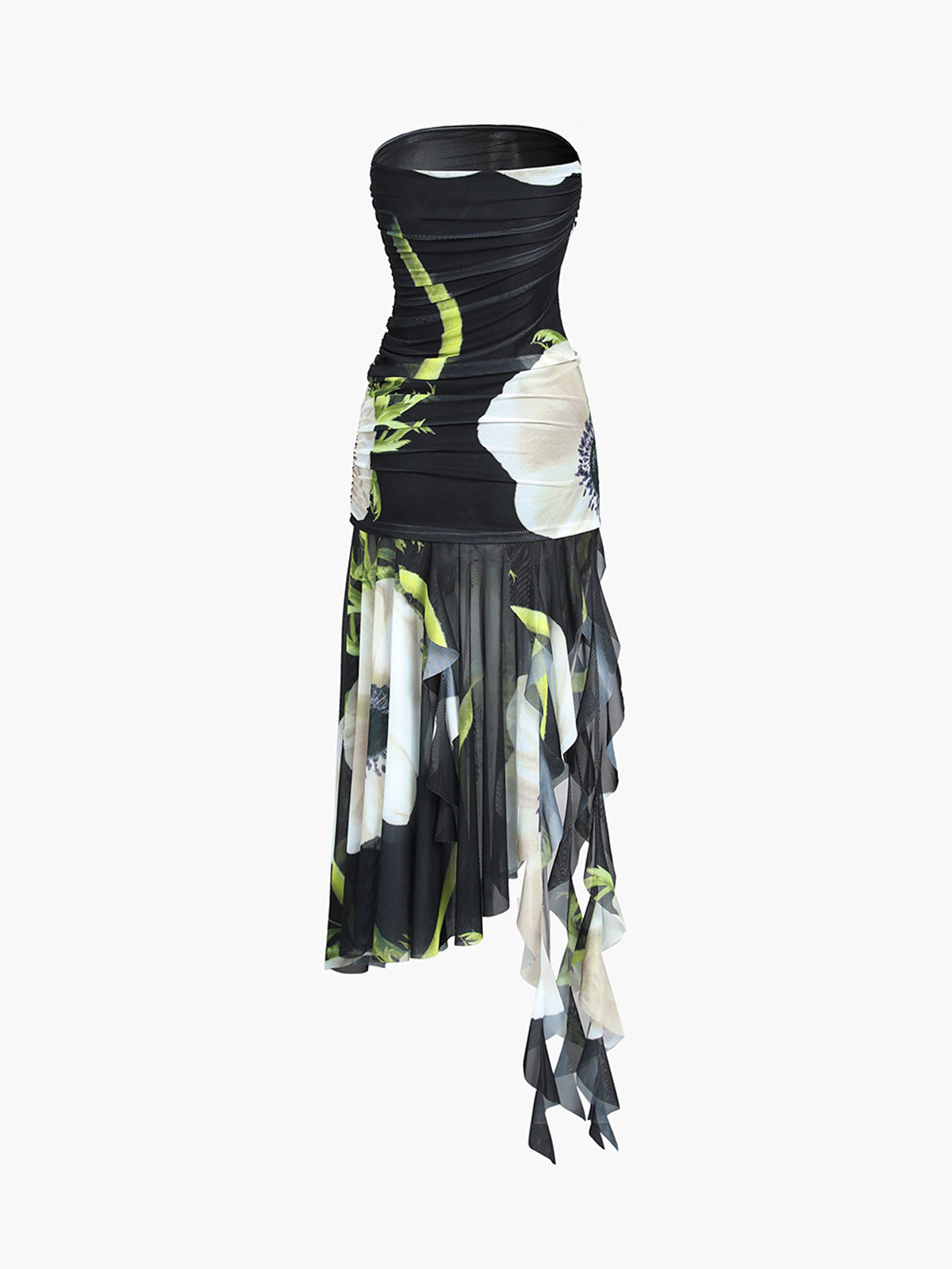 A strapless black midi dress with white floral prints, ruched bodice, and asymmetrical mesh skirt.