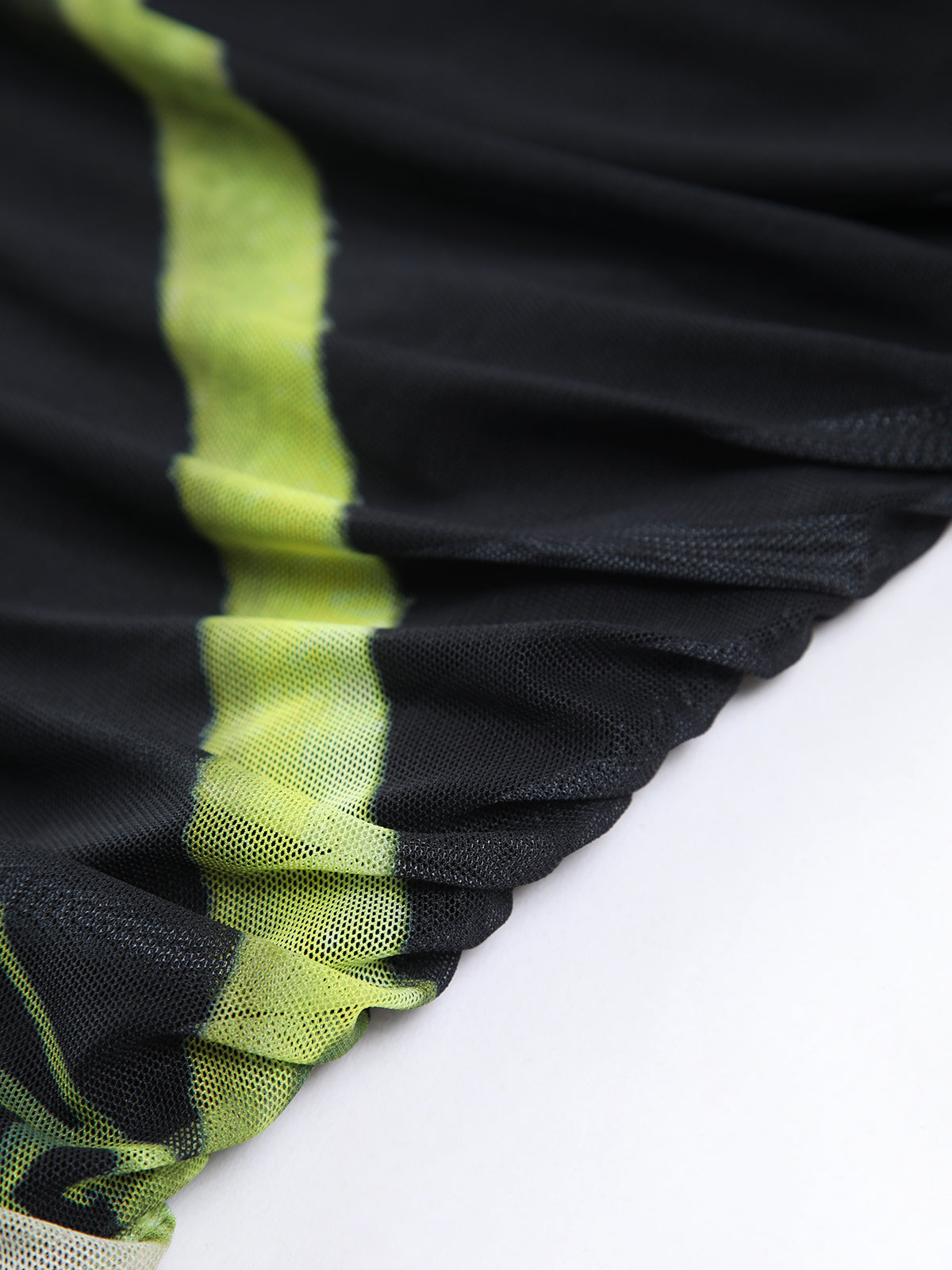 Black mesh midi dress with yellow-green stripe, ruffled detailing, sheer pleated tube style.
