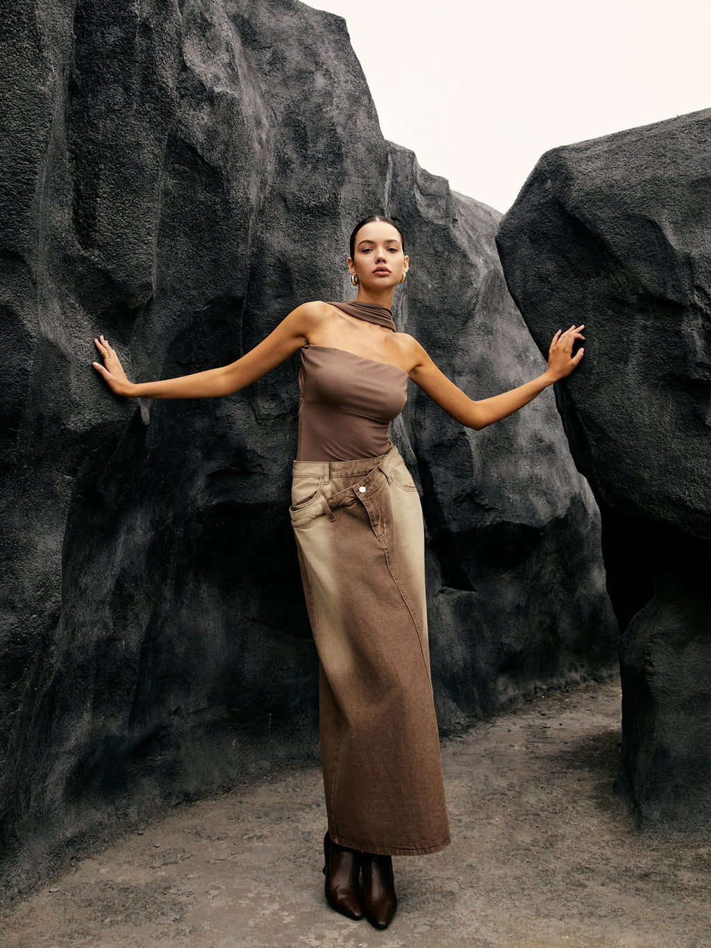 A Seamless Halter Neck Jersey Tube Top in brown with a long two-tone brown skirt.