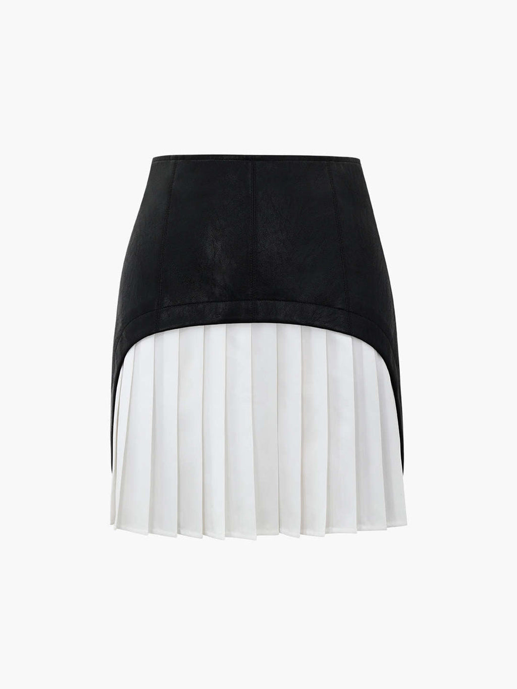 A black faux leather patchwork mini skirt with a high-low hem and white pleated insert.