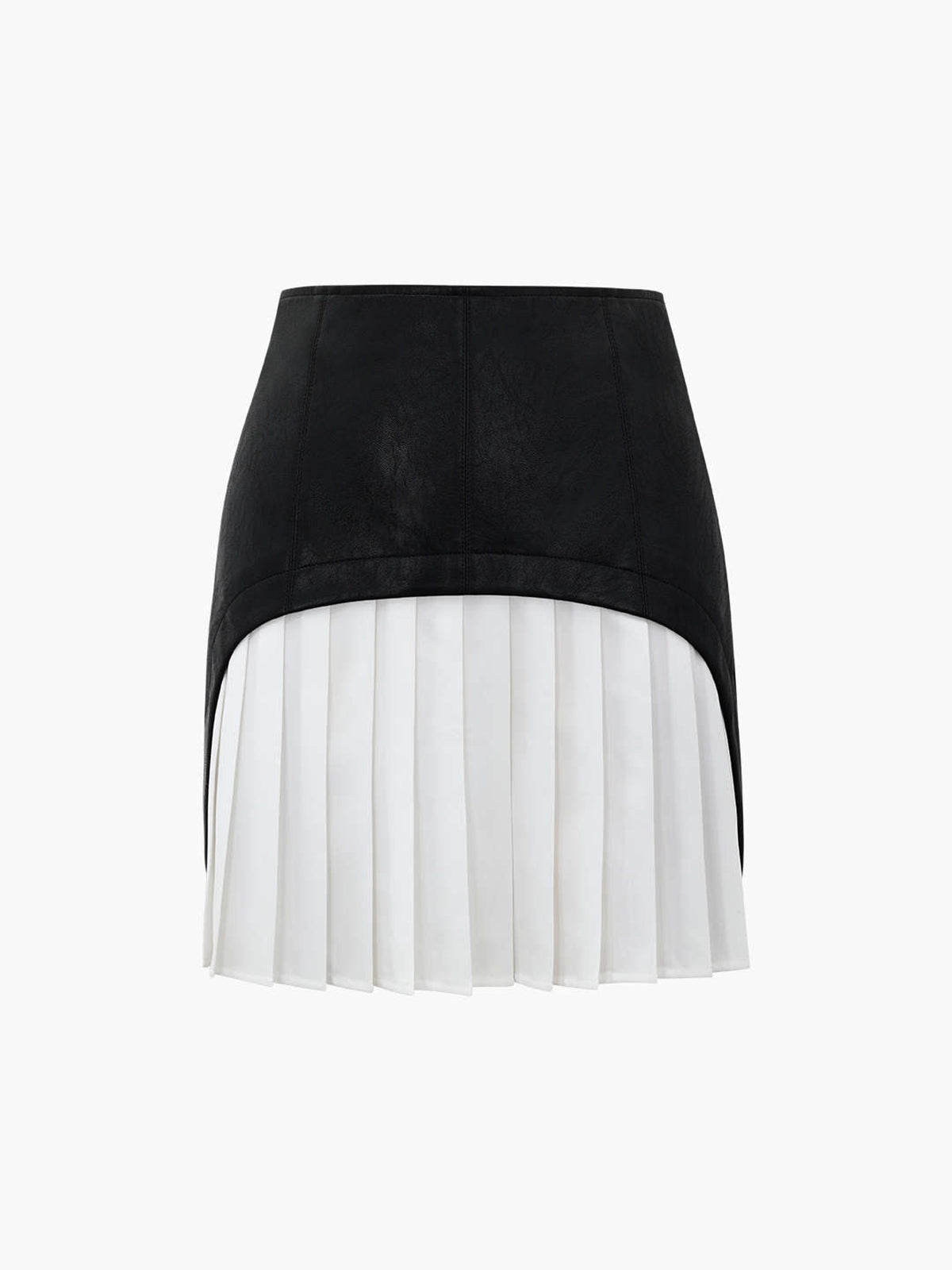 A black faux leather patchwork mini skirt with a high-low hem and white pleated insert.