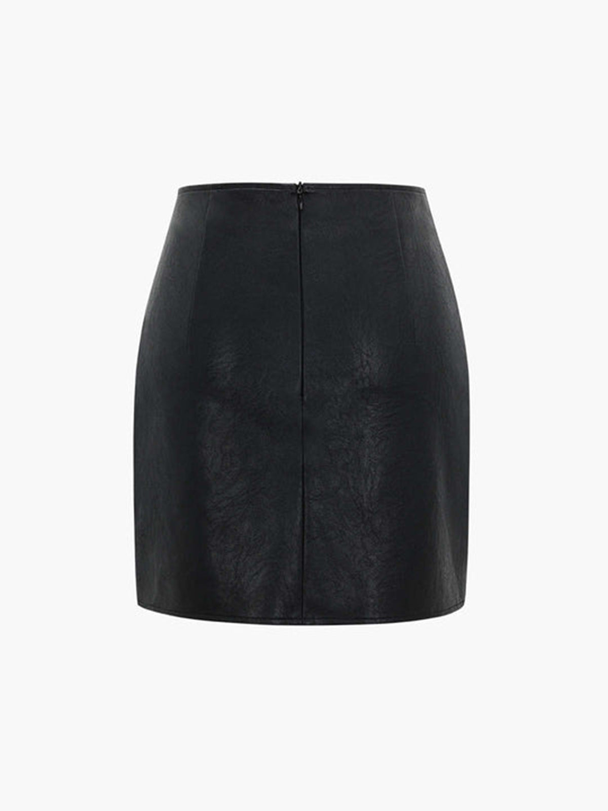Sleek black faux leather mini skirt with pleats, fitted silhouette, and visible back zipper.