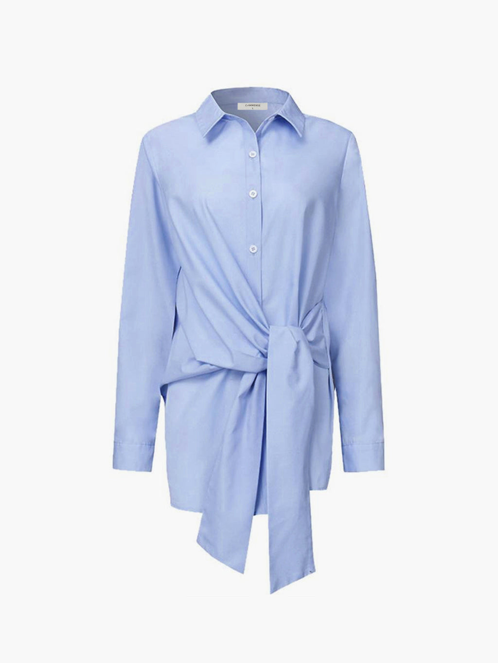 Semi-sheer long shirt with button-down ties, pointed collar, and smart-casual silhouette.