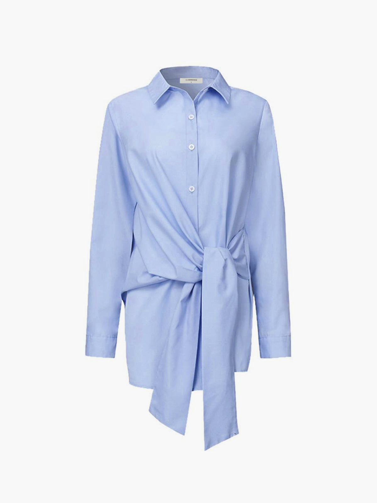 Semi-sheer long shirt with button-down ties, pointed collar, and smart-casual silhouette.